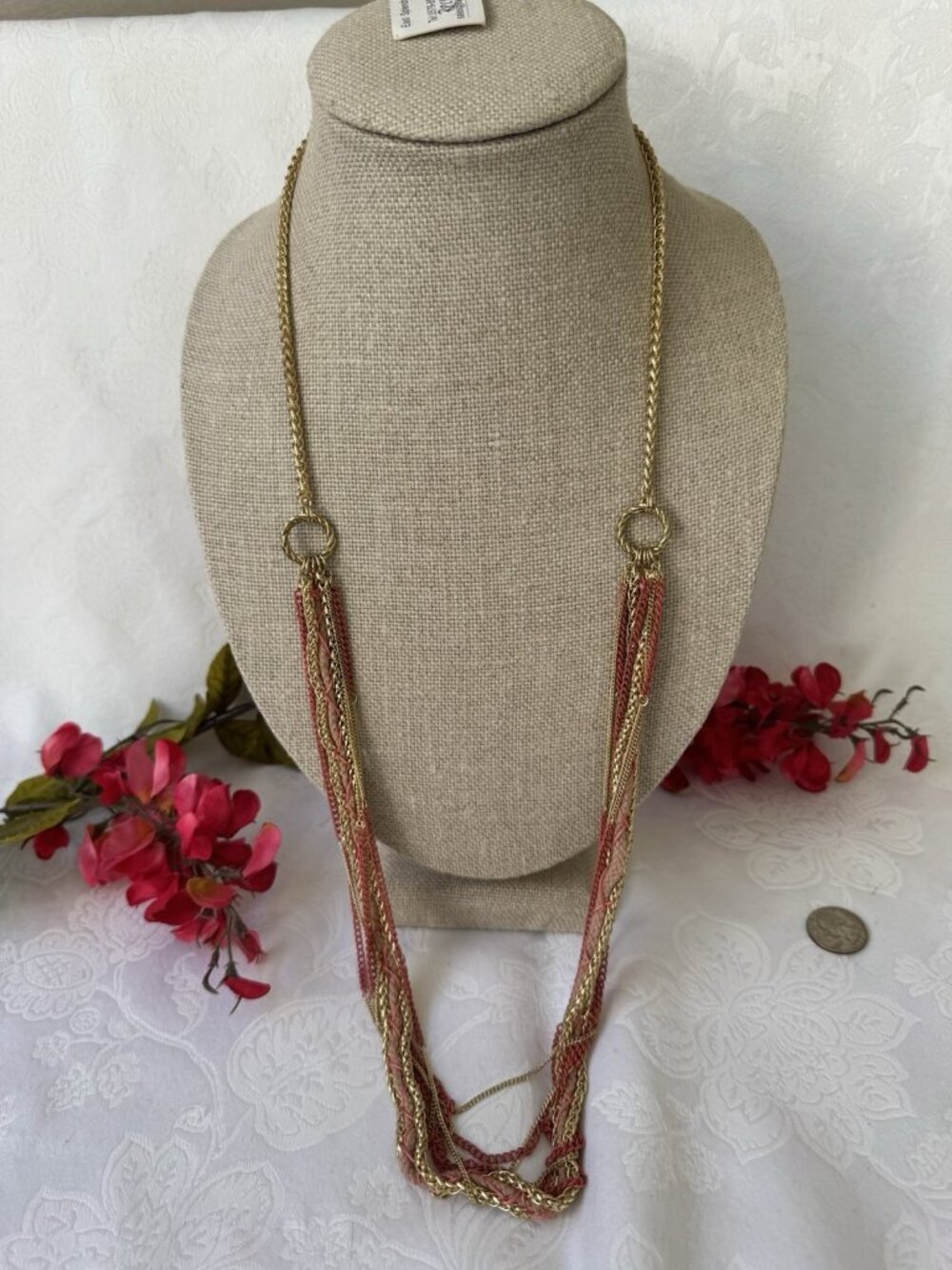 Tommy Bahama Coral Orange GoldTone Braided Layered Multi Chain Necklace 41" NEW